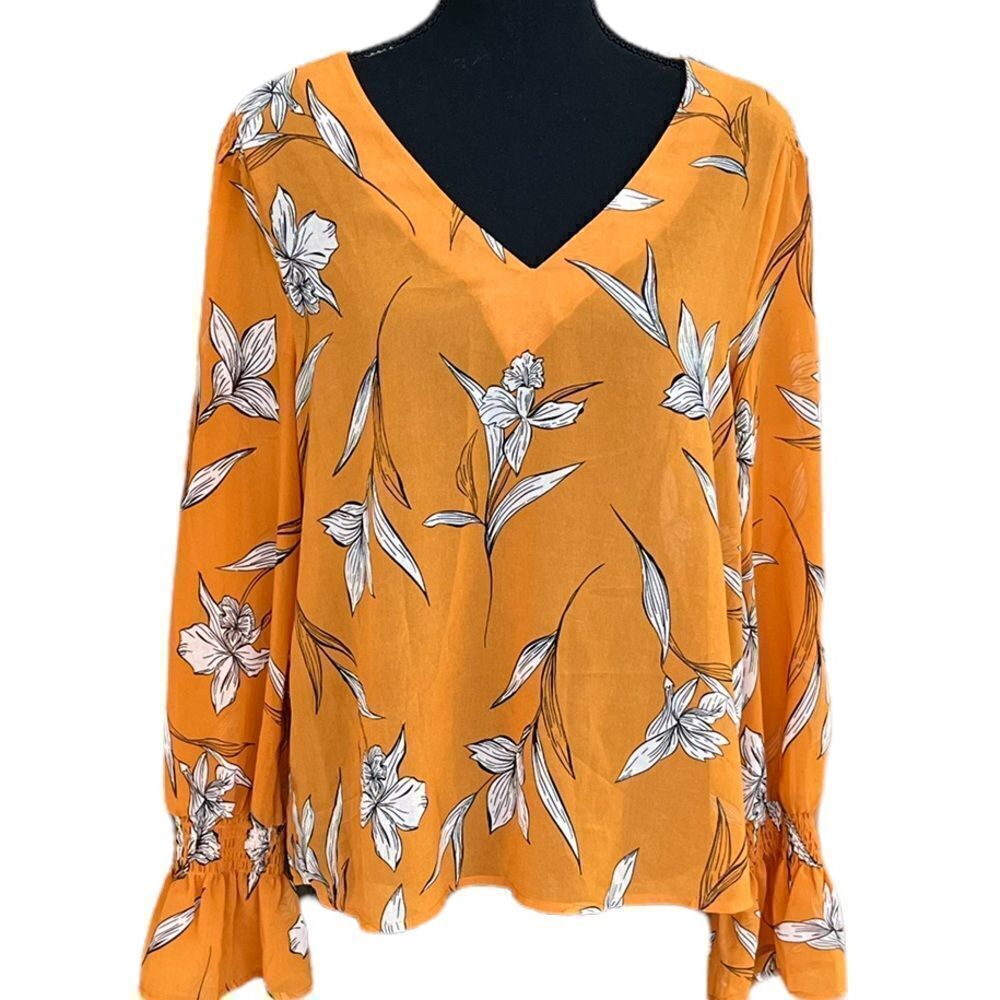 A New Day semi sheer v neck floral blouse with elastic smocked sleeves size M